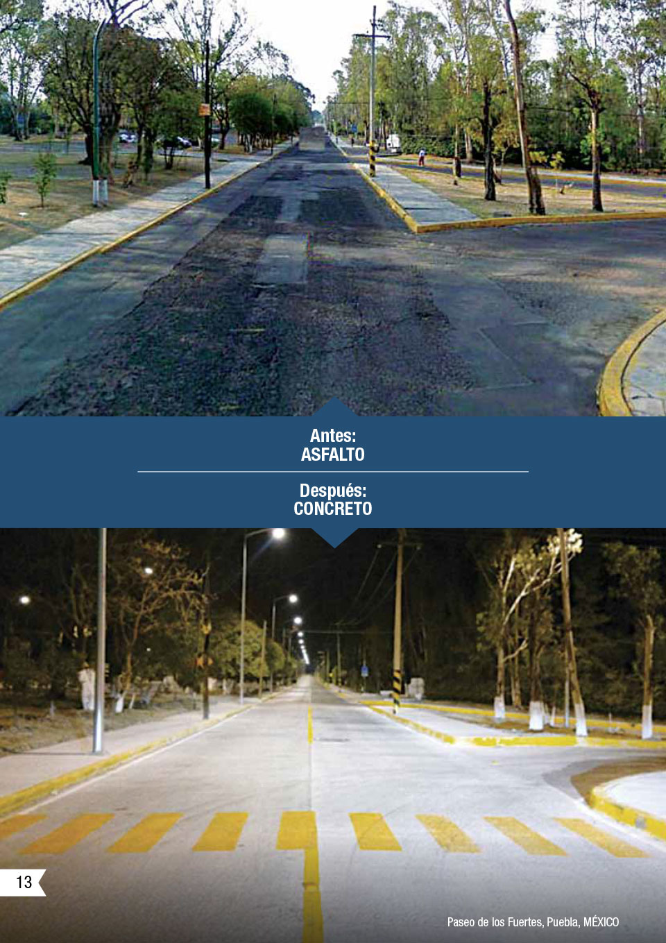 la imagen muestra un antes y despues de una calle usando asfalto y despues concreto
