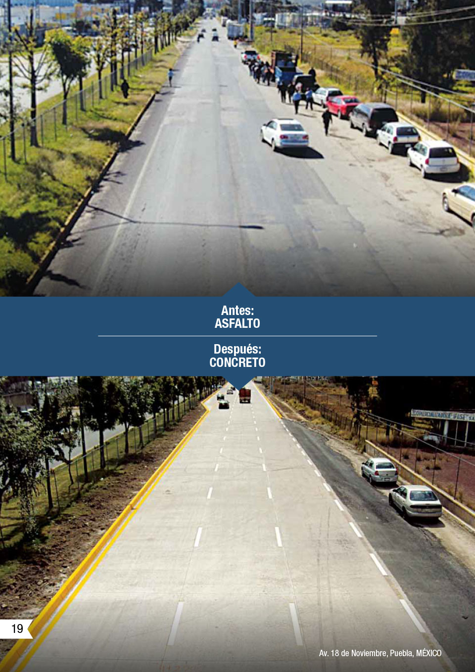 la imagen muestra un antes y despues de un camino con asfalto y despues con concreto